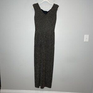 Alex Evenings Black Sleeveless Maxi Formal Dress Gold Metallic Size 8